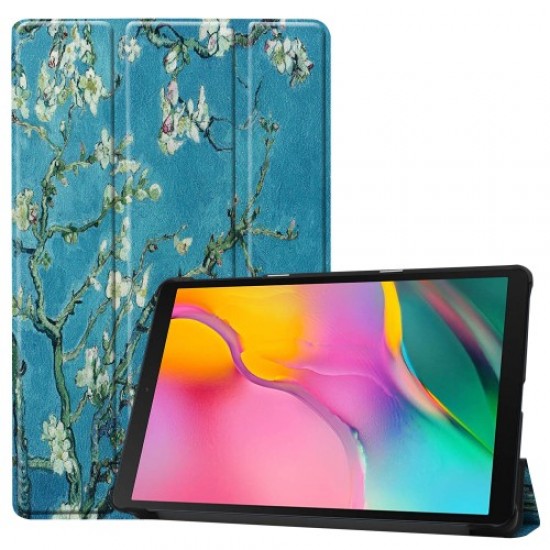 Δερμάτινη Θήκη Βιβλίο Tri-Fold με Βάση Στήριξης για Samsung Galaxy Tab A 10.1 (2019) SM-T515 - Ανθισμένα Κλαδιά σε Μπλε Φόντο Samsung Θήκες Tablet