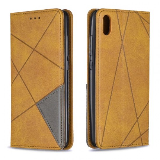Μαγνητική Δερμάτινη Θήκη Πορτοφόλι με Βάση Στήριξης (Όψη Γεωμετρικών Σχεδίων) για Xiaomi Redmi 7A - Καφέ XIAOMI Θήκες Κινητών