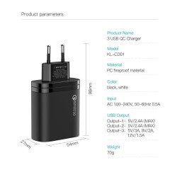 KUULAA QC3.0+PD 30W Fast Charger Travel USB Wall Charger Adapter with 3 USB Outputs and Digital Display - Black. EU Plug KUULAA QC3.0+PD 30W Fast Charger Travel USB Wall Charger Adapter with 3 USB Outputs and Digital Display - Black. EU Plug