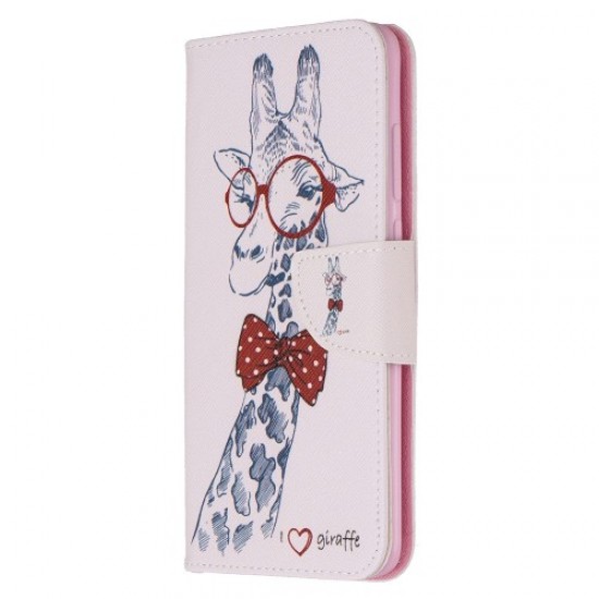 Pattern Printing Leather Wallet Case for Xiaomi Redmi Note 8 Pro - Adorable Giraffe Wearing Glasses XIAOMI Cases Mobile