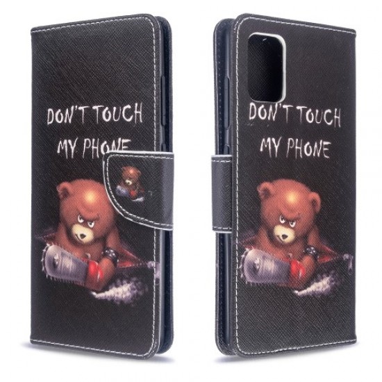 Pattern Printing Leather Wallet Case for Samsung Galaxy A51 - Brown Bear and Warning Words Samsung Cases Mobile