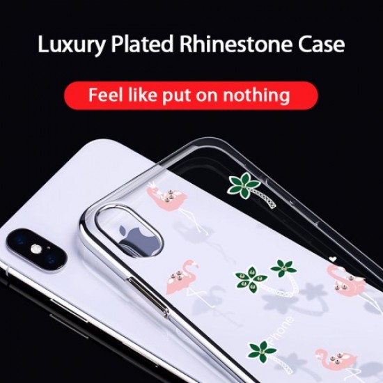 KINGXBAR Σκληρή Θήκη Διάφανη με Σβαρόφσκι για iPhone XS / X - Ασημί Περιμετρικά με Φλαμίνγκο και Λουλούδια Apple Θήκες Κινητών