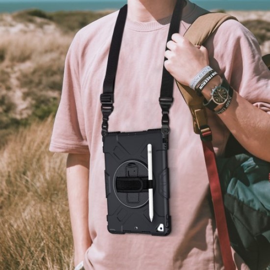 [Built-in Hand Strap] Rotating Kickstand PC + Thicken Silicone Tablet Combo Case with Shoulder Strap for iPad 10.2 (2019) - All  Apple Cases Tablet