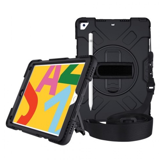 [Built-in Hand Strap] Rotating Kickstand PC + Thicken Silicone Tablet Combo Case with Shoulder Strap for iPad 10.2 (2019) - All  Apple Cases Tablet