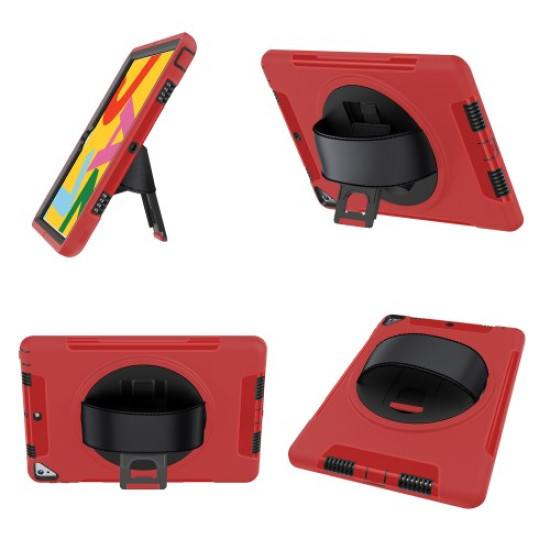 Heavy Duty PC TPU Hybrid Kickstand Tablet Case [with Hand Strap] for iPad 10.2 (2019) - Red Apple Cases Tablet
