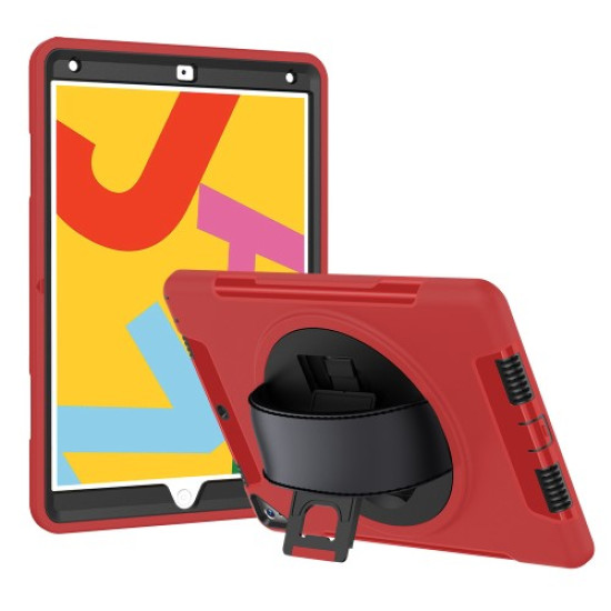Heavy Duty PC TPU Hybrid Kickstand Tablet Case [with Hand Strap] for iPad 10.2 (2019) - Red Apple Cases Tablet