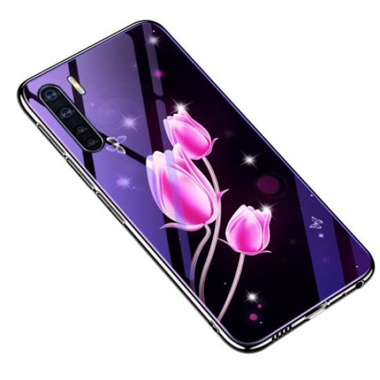 Plated TPU Frame+Blue-ray Tempered Glass+PC Back Hybrid Case for Oppo A91 - Tulip Google Pixel mobile Cases