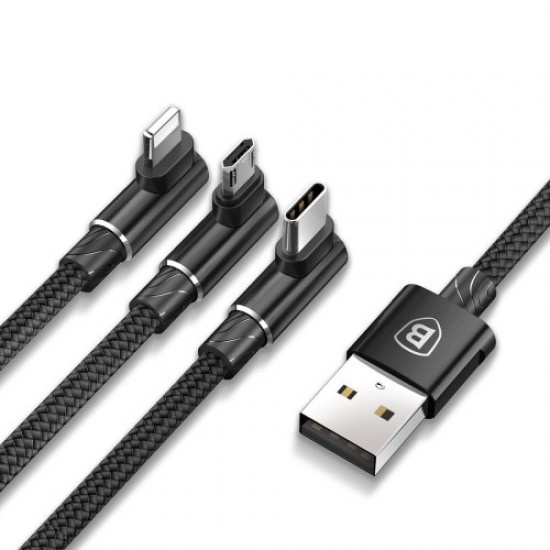 BASEUS MVP Elbow 3.5A 1.2m Lightning 8pin + Type C + Micro USB 3-in-1 Data Charge Cable - Black Cables Adapters & Chargers