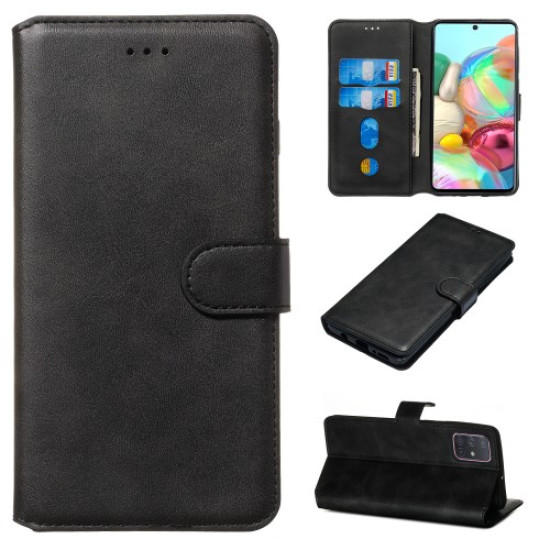 Solid Color Flip Leather Wallet Phone Case for Samsung Galaxy A71 - Black Samsung Cases Mobile