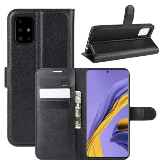 Litchi Skin Wallet Leather Stand Case for Samsung Galaxy A51 - Black Samsung Cases Mobile