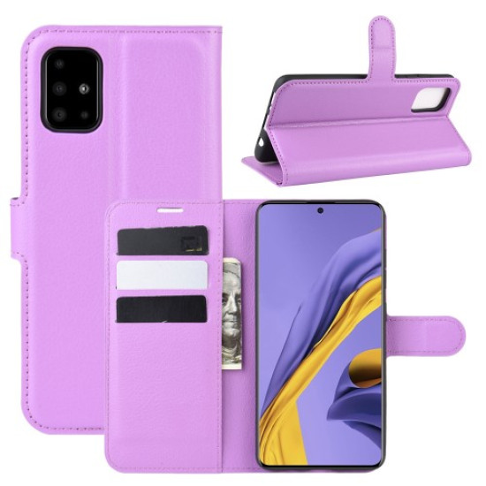 Litchi Skin Wallet Leather Stand Case for Samsung Galaxy A51 - Purple Samsung Cases Mobile