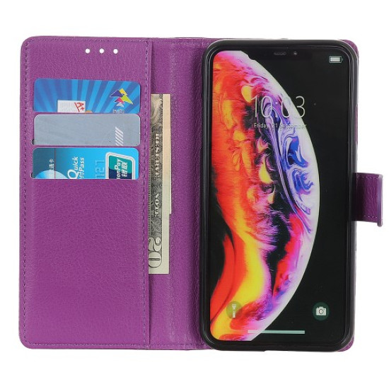 Litchi Texture Wallet Stand Leather Mobile Phone Cover for Samsung Galaxy A10 - Purple Samsung Cases Mobile