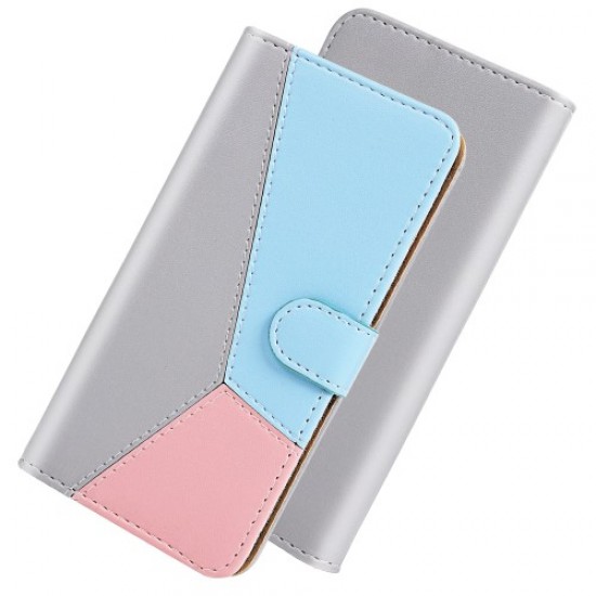 Tricolor PU Leather Wallet Stand Phone Cover for iPhone 11 6.1 inch (2019) - Grey/Blue/Pink Apple Cases Mobile