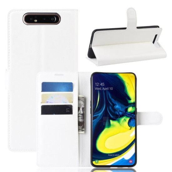 Litchi Skin Wallet Leather Stand Case for Samsung Galaxy A80/A90 - White Samsung Cases Mobile