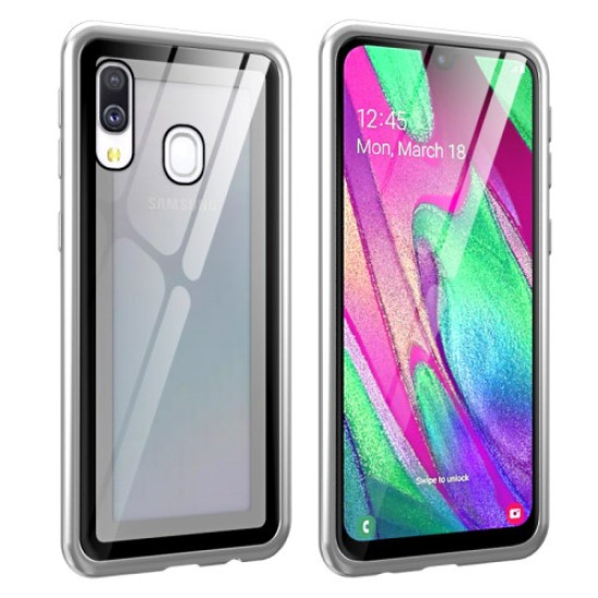 Metal Frame + Tempered Glass Back Magnetic Hybrid Shell for Samsung Galaxy A40 - Silver Samsung Cases Mobile