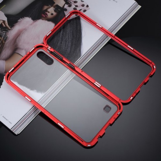 Magnetic Attraction Metal Frame + Tempered Glass Cover Shell Cell Phone Case for Samsung Galaxy A10 - Red Samsung Cases Mobile