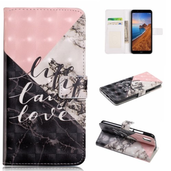 Δερμάτινη Θήκη Πορτοφόλι με Βάση Στήριξης για Xiaomi Redmi 7A - Σχέδιο Μάρμαρο σε Τρίγωνα και οι Λέξεις Life, Laugh, Love XIAOMI Θήκες Κινητών