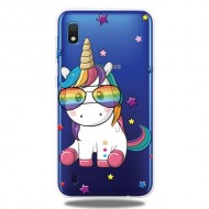 Pattern Printing Extremely Clear TPU Phone Cover Case for Samsung Galaxy A10 - Unicorn Wearing Glasses