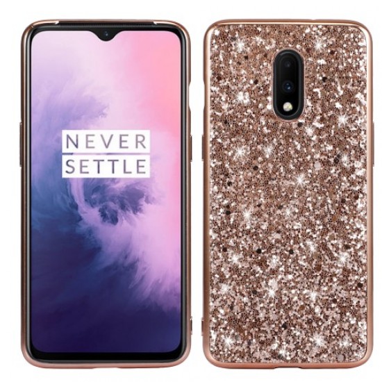 Shiny Sequins Electroplating TPU Frame+PC Phone Protective Case Cover for OnePlus 7 - Rose Gold OnePlus Mobile Cases