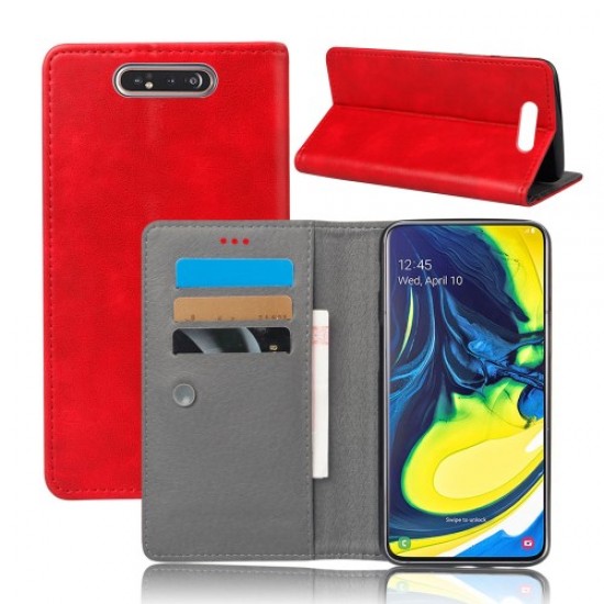 Sucker Closure Crazy Horse Leather Wallet Mobile Case for Samsung Galaxy A80/A90 - Red Samsung Cases Mobile