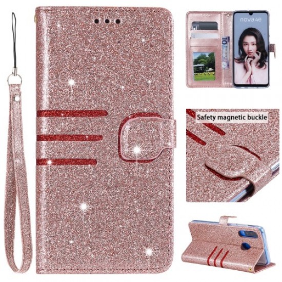 Δερμάτινη Θήκη Πορτοφόλι με Βάση Στήριξης και Διακόσμηση με Γκλίτερ και Στρας για Huawei P30 Lite / nova 4e - Ροζέ Χρυσαφί Huawei Θήκες Κινητών