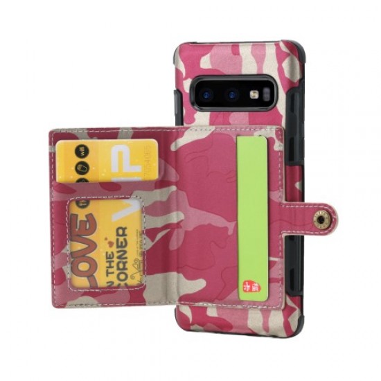 SHOUHUSHEN Card Holder Back Case for Samsung Galaxy S10 Camouflage Leather Coated PC TPU Cover - Rose Samsung Cases Mobile