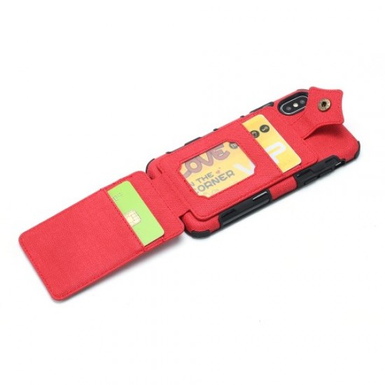 SHOUHUSHEN Maple Buckle Card Holder Leather Coated Hard PC Cover for iPhone XS Max 6.5 inch - Red 