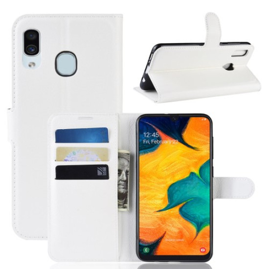 Litchi Skin PU Leather Wallet Stand Mobile Casing for Samsung Galaxy A30 / A20 - White Samsung Cases Mobile