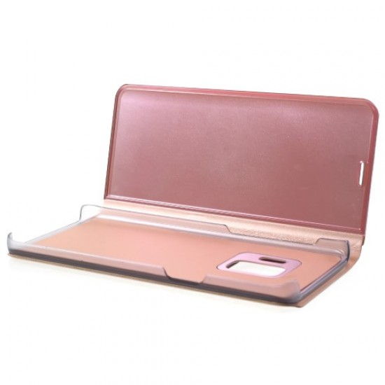 Plated Mirror Surface Information View Stand Leather Smart Shell for Samsung Galaxy S9 G960 - Rose Gold Samsung Cases Mobile