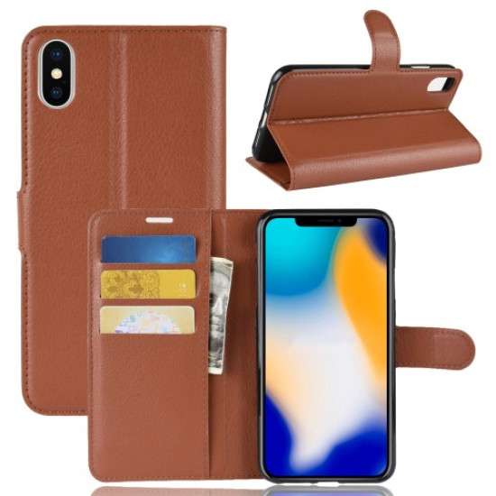 Litchi Texture Wallet Stand Leather Mobile Phone Cover for iPhone Xs Max 6.5-inch - Brown Apple Cases Mobile
