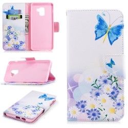 Δερμάτινη Θήκη Πορτοφόλι με Βάση Στήριξης για Samsung Galaxy A8 Plus (2018) - Μπλε Πεταλούδα και Μαργαρίτες