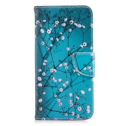 Δερμάτινη Θήκη Πορτοφόλι με Βάση Στήριξης για Samsung Galaxy A8 Plus (2018) - Ανθισμένα Κλαδιά σε Μπλε Φόντο