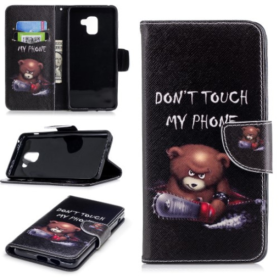 Patterned PU Leather Stand Flip Case for Samsung Galaxy A8+ (2018) - Angry Bear and Warning Words Samsung Cases Mobile