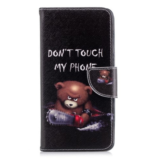 Patterned PU Leather Stand Flip Case for Samsung Galaxy A8+ (2018) - Angry Bear and Warning Words Samsung Cases Mobile