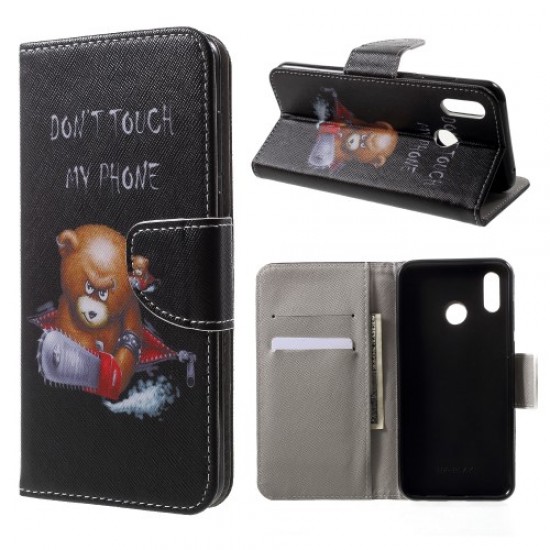 Pattern Printing Cross Texture Leather Wallet Case for Huawei Honor Play - Brown Bear and Warning Words Huawei Cases Mobile