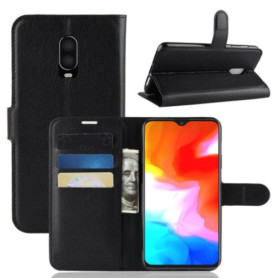 Litchi Skin PU Leather Protection Mobile Phone Case for OnePlus 6T - Black OnePlus Mobile Cases