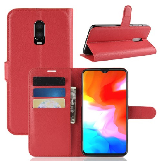 Litchi Skin PU Leather Protection Mobile Phone Shell with Wallet for OnePlus 6T - Red OnePlus Mobile Cases