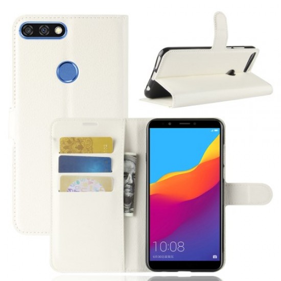 Litchi Skin Wallet Leather Stand Cover for Huawei Y7 Prime (2018) / Honor 7C / Enjoy 8 - White Huawei Cases Mobile