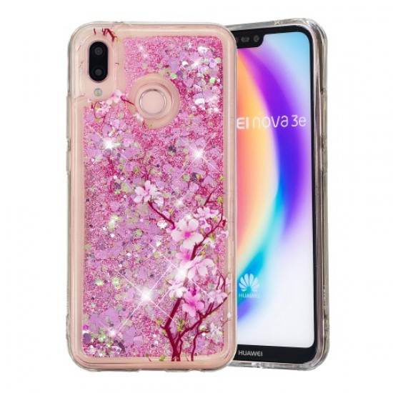 Dynamic Glitter Powder Heart Shaped Sequins Shockproof TPU Phone Cover Case for Huawei P20 Lite / Nova 3e (China) - Peach Blossom Huawei Cases Mobile