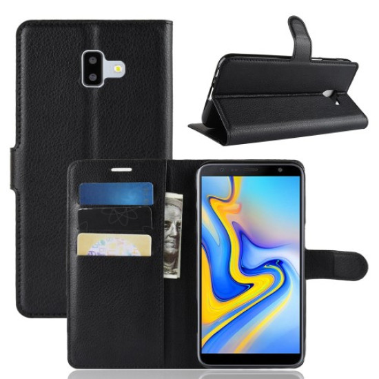 Litchi Skin Leather Stand Cover with Card Slots for Samsung Galaxy J6 Plus - Black Samsung Cases Mobile