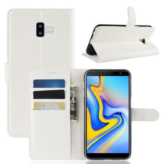 Litchi Skin Leather Stand Case with Card Slots for Samsung Galaxy J6 Plus - White Samsung Cases Mobile