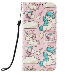 Δερμάτινη Θήκη Πορτοφόλι με Βάση Στήριξης για Samsung Galaxy J6 Plus J610F / J6 Prime - Μονοκεράκια και Συννεφάκια σε Ροζ Φόντο