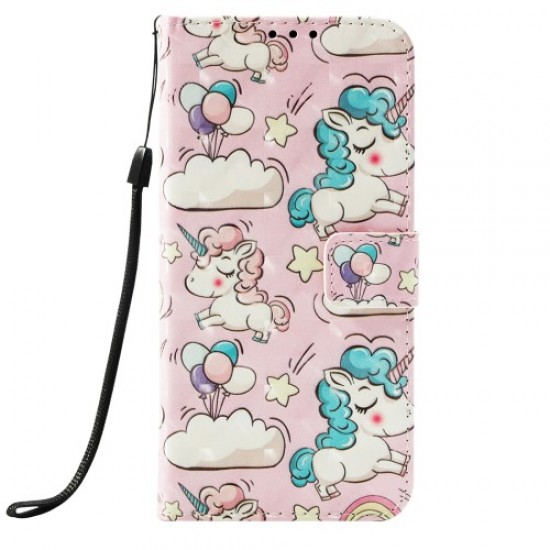 Δερμάτινη Θήκη Πορτοφόλι με Βάση Στήριξης για Samsung Galaxy J6 Plus J610F / J6 Prime - Μονοκεράκια και Συννεφάκια σε Ροζ Φόντο Samsung Θήκες Κινητών