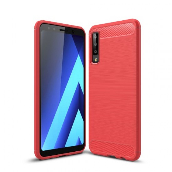 Carbon Fiber Texture TPU Cover Brushed Phone Shell for Samsung Galaxy A7 (2018) - Red Samsung Cases Mobile