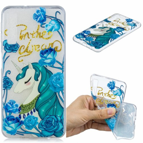 Pattern Printing Embossed TPU Mobile Phone Case for Samsung Galaxy A7 (2018) - Unicorn and Blue Flower Samsung Cases Mobile