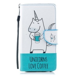 Pattern Painting Cross Texture Leather Wallet Stand Cell Phone Shell for Samsung Galaxy J4 (2018) - Unicorns Love Coffee