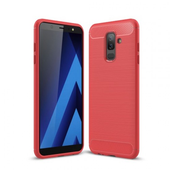 Carbon Fiber Texture Brushed TPU Phone Shell for Samsung Galaxy J8 (2018) - Red Samsung Cases Mobile
