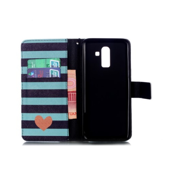 Δερμάτινη Θήκη Πορτοφόλι με Βάση Στήριξης για Samsung Galaxy J8 (2018) - Ρίγες και Καρδούλες Samsung Θήκες Κινητών