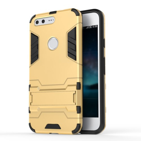 Υβριδική Θήκη Σιλικόνης TPU σε Συνδυαμό με Πλαστικό και με Βάση Στήριξης για Google Pixel - Χρυσαφί Google Pixel Θήκες Κινητών