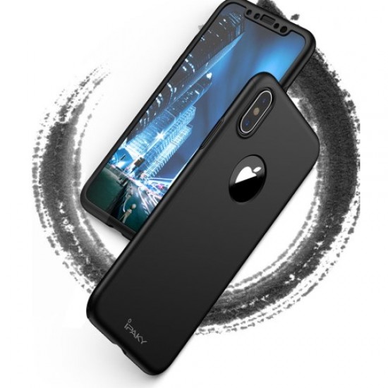 IPAKY 360 μοιρών Σκληρή Θήκη Ματ με Βελούδινη Υφή Πρόσοψης και Πλάτης με Σκληρυμένο Γυαλί για iPhone X - Μαύρο 